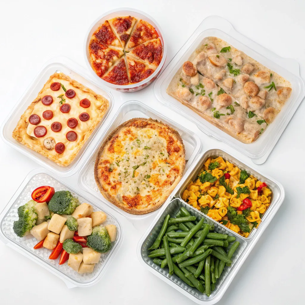 A selection of frozen meals neatly arranged